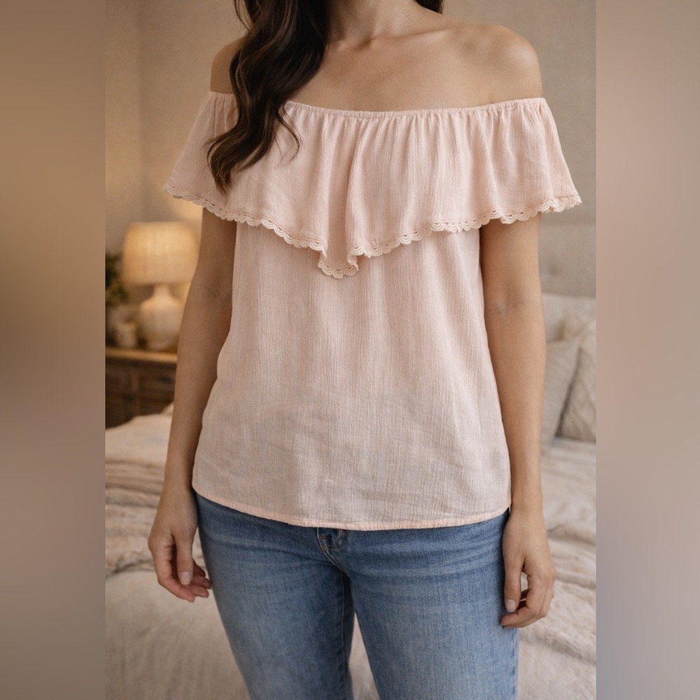 Mossimo Women’s Blush Pink Peasant Boho Off Shoulder Ruffle Lace Top Size Small